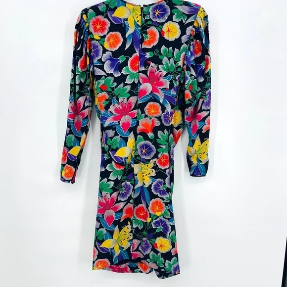 NEIMAN MARCUS Vintage Floral Print Long Zip Sleeve Ruched Waist Midi Dress 10 - Picture 2 of 7